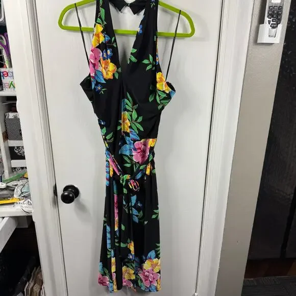 Lauren Ralph Lauren Floral Halter Midi Dress Size 12 – Black Tropical Belted NWT - Picture 2 of 12